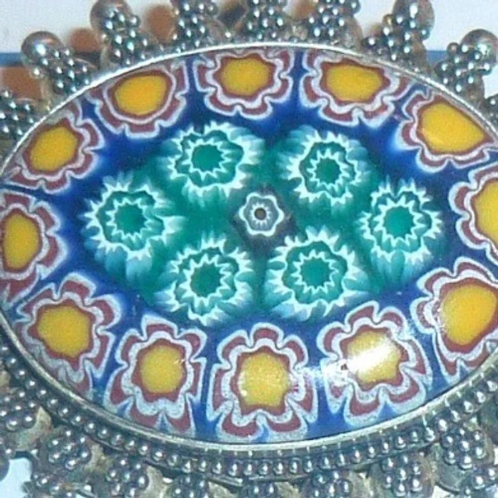 Unbranded Brooch Sterling Silver Millefiori Glass Mosaic Floral Italian 925 Blue